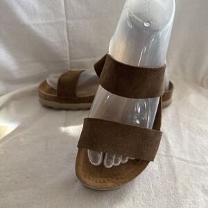 Bio Step Women's Brown Suede Cork Footbed Slide Sandals Size 7.5 2 Strap Spain